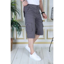 Gri Erkek Slim Fit Kapri Likralı Gabardin/kanvas Kargo Cepli Bermuda