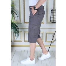 Gri Erkek Slim Fit Kapri Likralı Gabardin/kanvas Kargo Cepli Bermuda