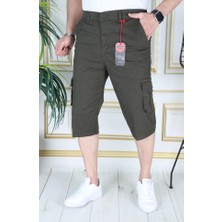 Haki Erkek Slim Fit Kapri Likralı Gabardin/kanvas Kargo Cepli Bermuda Baba-Genç