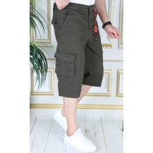 Haki Erkek Slim Fit Kapri Likralı Gabardin/kanvas Kargo Cepli Bermuda Baba-Genç