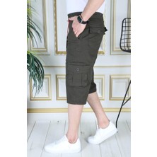 Haki Erkek Slim Fit Kapri Likralı Gabardin/kanvas Kargo Cepli Bermuda Baba-Genç