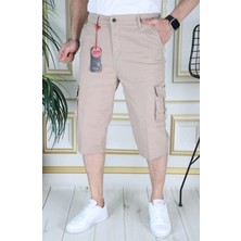 Krem Erkek Slim Fit Kapri Likralı Gabardin/kanvas Kargo Cepli Bermuda