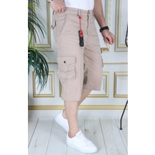 Krem Erkek Slim Fit Kapri Likralı Gabardin/kanvas Kargo Cepli Bermuda