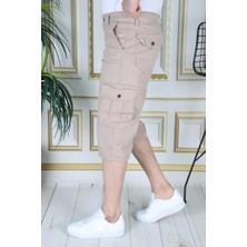 Krem Erkek Slim Fit Kapri Likralı Gabardin/kanvas Kargo Cepli Bermuda