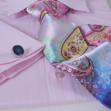 Pembe Kendinden Çizgili Hediyelik Kutulu Duble Manşet Gömlek Kol Düğmesi ve Kravat Seti