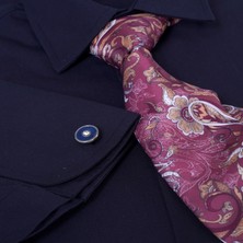 Lacivert Hediyelik Kutulu Duble Manşet Gömlek Kol Düğmesi ve Kravat Seti