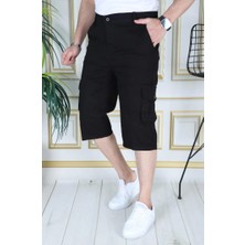 Siyah Erkek Slim Fit Kapri Likralı Gabardin/kanvas Kargo Cepli Bermuda