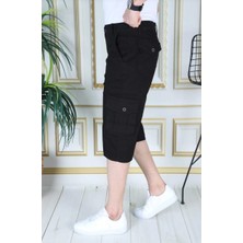 Siyah Erkek Slim Fit Kapri Likralı Gabardin/kanvas Kargo Cepli Bermuda