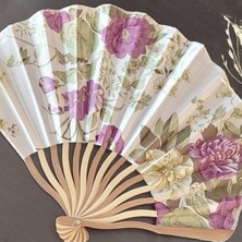 BERG - Özel Tasarım Kaliteli Lüks Bambu  Beyaz Mor  Çiçek Desenli Şık Japon Yelpaze