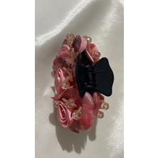 Mandal Toka Siyah Mandal Toka Üzerine Nude Pembe Gül ve Boncuklarla Işlemeli Şık Toka