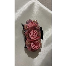 Mandal Toka Siyah Mandal Toka Üzerine Nude Pembe Gül ve Boncuklarla Işlemeli Şık Toka