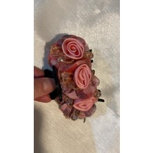 Mandal Toka Siyah Mandal Toka Üzerine Nude Pembe Gül ve Boncuklarla Işlemeli Şık Toka