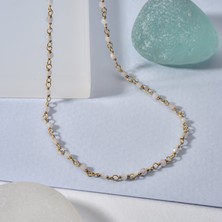 Nox Jewelry 14K Altın Kaplama Pembe Kuvars Taşlı Rosary Zincir Gümüş Kolye Açık Pembe Minimal Zincir Kadın Kolye- CNS00637