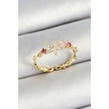 Tua Moda Pirinç Papatya Figürlü Zirkon Taşlı Gold Renk Ayarlanabilir Kadın Yüzük