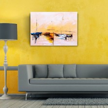 Sahilde Demirli Yelkenliler Yağlıboya Kanvas Tablo 50 x 70