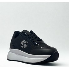 Flexter Kadın Simli Bağcıklı Kaliteli Spor Sneaker -Yüksek Hafif Rahat Taban Siyah, Beyaz