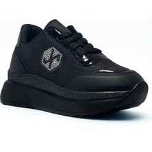 Flexter Kadın Simli Bağcıklı Kaliteli Spor Sneaker -Yüksek Hafif Rahat Taban Siyah, Beyaz