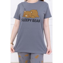 Kadın Ayıcık Desenli Pijama Takımı Gri