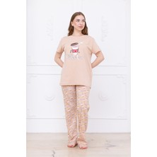 Kadın Kahve Desenli Pijama Takımı Bej