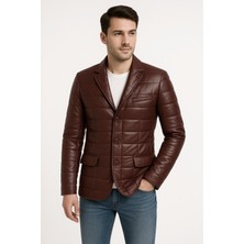 Derije Silva Hakiki Deri Tafta Erkek Bordo Şişme Blazer Ceket
