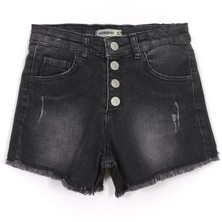 Düğme ve Cep Detaylı Siyah Kız Çocuk Eskitme Paça Kot Şort 001-0002056