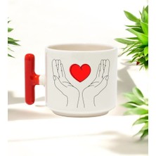 El Açan Kalp Tasarımlı Kırmızı T Kulplu Seramik Baskılı Kupa Bardak 250 ml