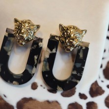 Wild Panther Altın Kaplama Kadın Küpe (Siyah-Beyaz-Mavi Desenli, Panter Başı Detaylı, Nikel Içermez) – Fundéa Jewelry
