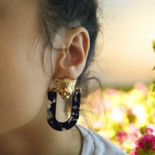 Wild Panther Altın Kaplama Kadın Küpe (Siyah-Beyaz-Mavi Desenli, Panter Başı Detaylı, Nikel Içermez) – Fundéa Jewelry