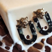 Wild Panther Altın Kaplama Kadın Küpe (Siyah-Beyaz-Mavi Desenli, Panter Başı Detaylı, Nikel Içermez) – Fundéa Jewelry