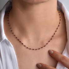 Nox Jewelry 14K Altın Kaplama Lal Taşı Rosary Zincir Gümüş Kolye - Kırmızı Doğum Taşı Minimal Zincir Kadın Kolye- CNS00640