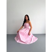 Straplez Pileli Elbise - Pembe