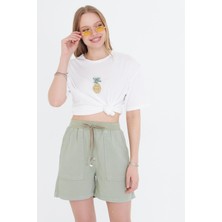 Ananas Baskılı Taşlı T-Shirt - Ekru