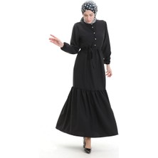 Sefa Merve Kolu Lastkli Düğmeli Elbise 0104-04 Siyah