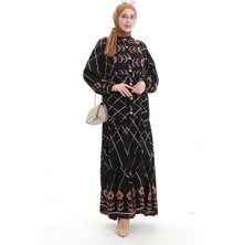 Sefa Merve Hakim Yaka Desenli Elbise 2075-02 Siyah Kırmızı