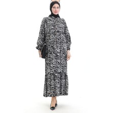 Sefa Merve Yarım Düğmeli Desenli Elbise 2070-02 Siyah Beyaz