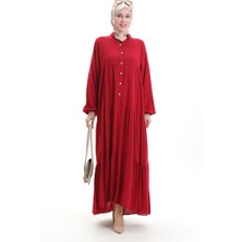 Sefa Merve Yarım Düğmeli Kolu Lastikli Elbise 0091-03 Bordo