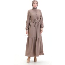 Sefa Merve Kolu Lastkli Düğmeli Elbise 0104-02 Kahverengi