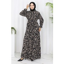 Sefa Merve Viskon Kumaş Yarım Düğmeli Desenli Elbise 0087-05 Siyah Sütlü Kahve