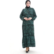 Sefa Merve Yarım Düğmeli Desenli Elbise 2070-03 Yeşil Siyah
