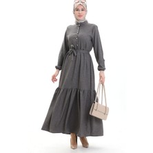 Sefa Merve Kolu Lastkli Düğmeli Elbise 0104-01 Füme