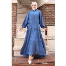 Sefa Merve Yarım Düğmeli Kolu Lastikli Elbise 2074-04 Indigo