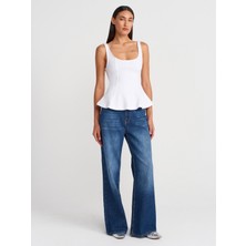21063 Kalın Askılı Peplum Top-Beyaz
