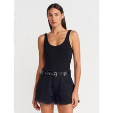 Dilvin 21053 Siyah Askılı Bodysuit Kolsuz U Yaka %95 Pamuk Kadın Kalıbında