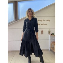 Deridün Yıldız Shoes Kadın Uzun Kollu Eteği Fırfırlı Beli Kuşaklı Trikoton Tam Boy Gömlek Elbise