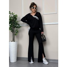 Deridün Yıldız Shoes Kadın Ribana Detay Bluz ve Ispanyol Paça Yırtmaçlı Pantolon Ikili Takım