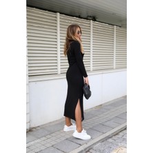 Deridün Yıldız Shoes Kadın Uzun Kollu Bisiklet Yaka Belden Çapraz Bağlamalı Yandan Yırtmaçlı Uzun Viskon Iki Iplik Elbise