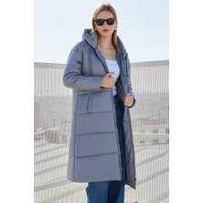 Deridün Yıldız Shoes 5120 Kapşonlu Uzun Şişme Mont - Gri