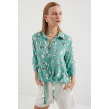 Deridün Yıldız Shoes 20243 Önü Bağlamalı Desenli Gömlek - Çağla