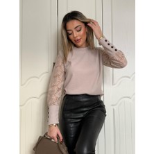 Deridün Yıldız Shoes Kadın Uzun Kollu Bisiklet Yaka Kolları Çiçekli Waffle Bluz