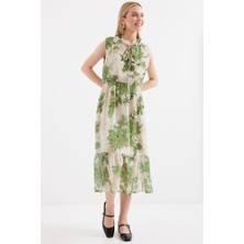 Deridün Yıldız Shoes 2503 Desenli Sıfır Kol Şifon Elbise - Yeşil